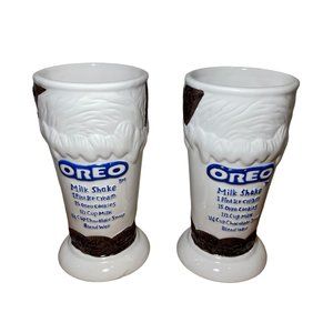 Vintage Oreo Milk Shake 2 Ceramic Cups Glasses w/ Embossed Recipe 7"